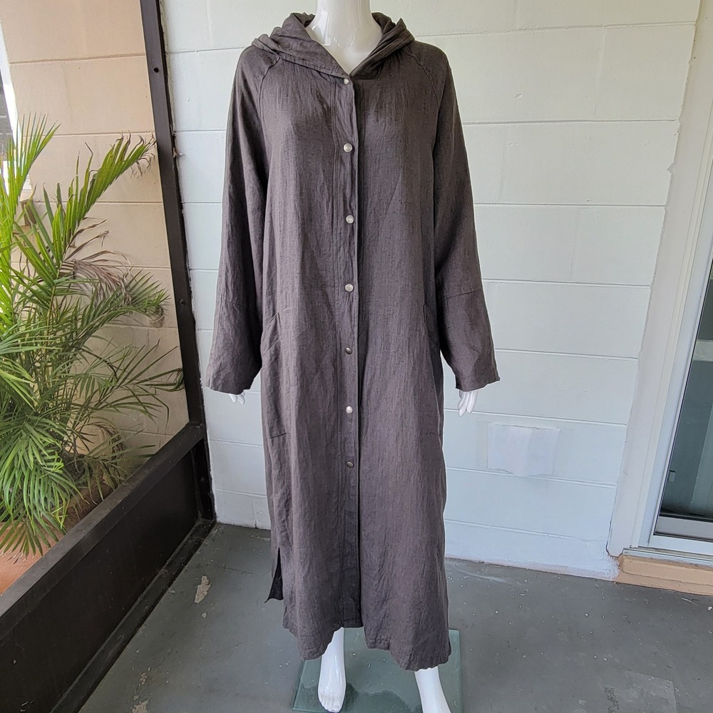 J. Jill Hooded Duster Coat Charcoal Grey Women XL Linen Lagenlook Vintage Y2K